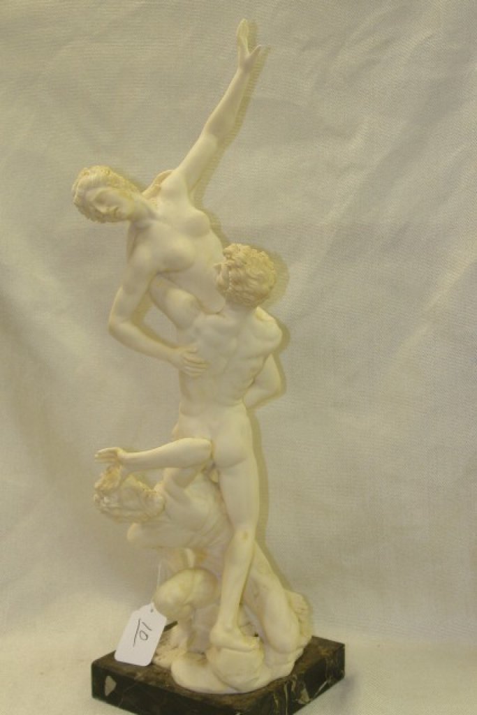 28" Full Figure Marble Statue of three nudes: Signed A.Santini Full Figure Looks to be Marble Statue of three Nudes with great detail - 28" tall on looks to be black marble base, depicting Gianbologna's Rape of Sabines