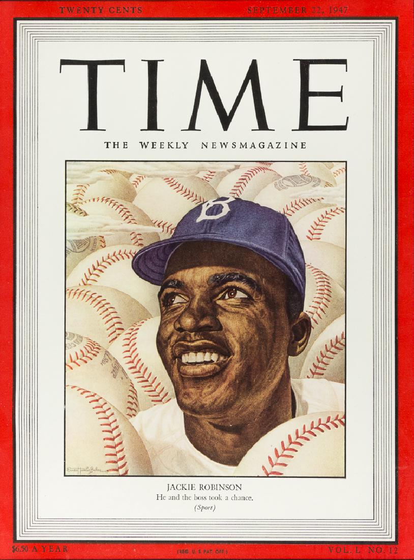 JACKIE ROBINSON "TIME" MAGAZINE COVER: JACKIE ROBINSON "TIME" MAGAZINE COVER Iconic magazine cover, 8" x 10 1/2", the Sep. 22, 1947 edition of "Time", depicting a grinning JACKIE ROBINSON (1919-1972) in his Brooklyn Dodgers cap, amongst a