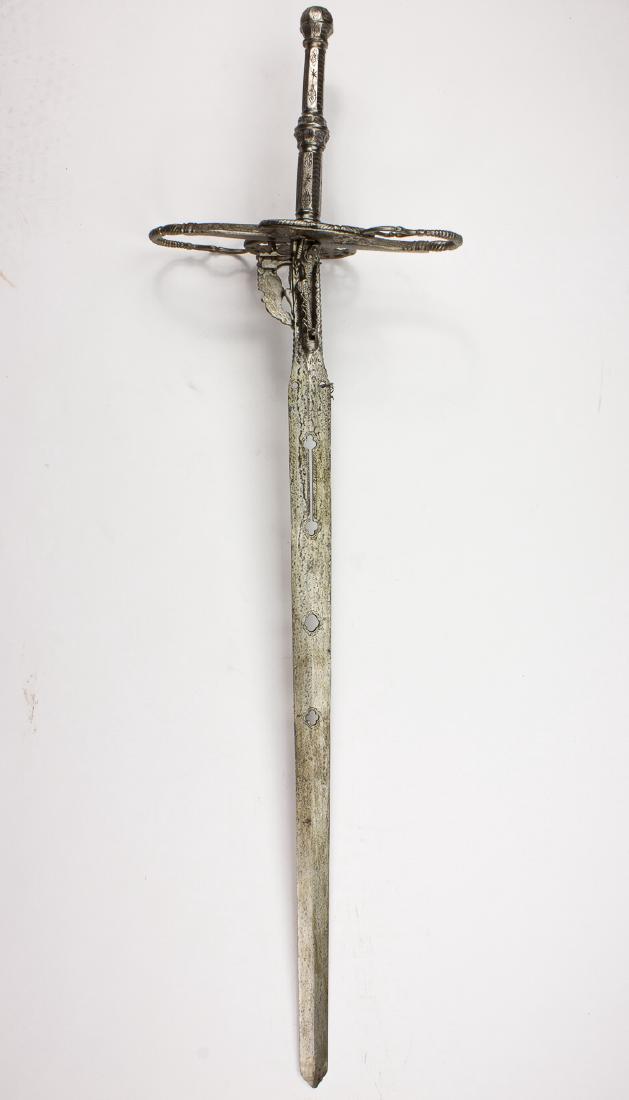 DOUBLE-HANDED LONGSWORD WITH BUILT-IN WHEEL-LOCK PISTOL: DOUBLE-HANDED LONGSWORD WITH BUILT-IN WHEEL-LOCK PISTOL (MUSEUM COPY) Fine antique museum replica of a large European double-handed longsword, 38 1/2" blade, 49" overall, of all-steel construction, wi