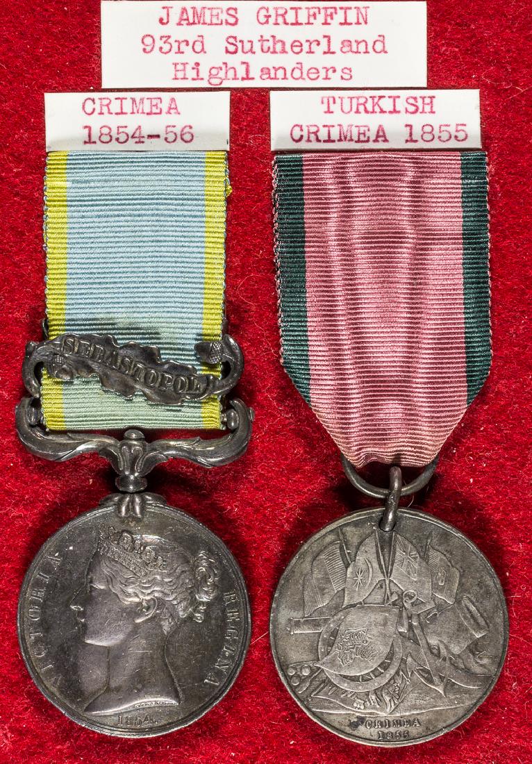 BRITISH CRIMEAN WAR MEDAL SET: BRITISH CRIMEAN WAR MEDAL SET Lot of two medals awarded and named to James Griffin of the 93rd Sutherland Highlanders. Includes: Victoria Medal with "SEBASTOPOL" bar, a few negligible light surface sc