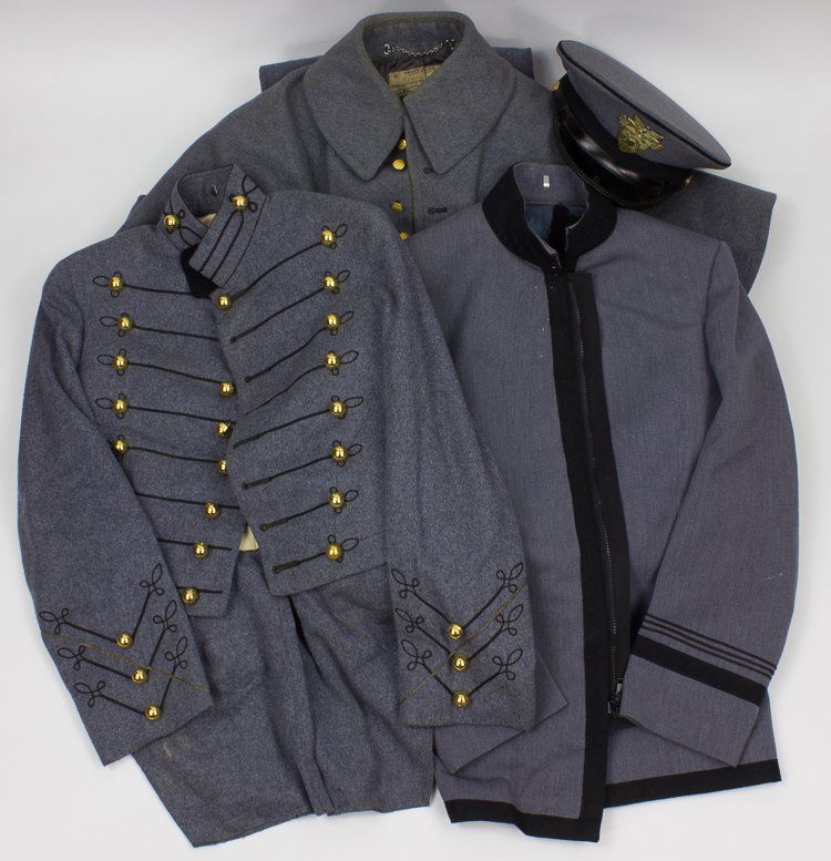 WEST POINT CADET UNIFORMS: WEST POINT CADET UNIFORMS Good lot of uniform items worn by cadets at the West Point Military Academy, includes: West Point cadet's grey wool great coat with cape, bearing twenty buttons with the West