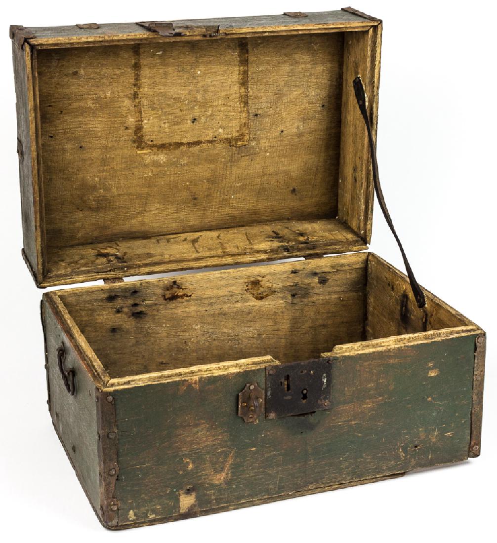 REVOLUTIONARY WAR LIQUOR CHEST: REVOLUTIONARY WAR LIQUOR CHEST Handmade wooden chest, 18 1/2" x 12 1/4" x 11", painted green at the top, front and sides, and with original metal corner reinforcements and original twisted wrought iro