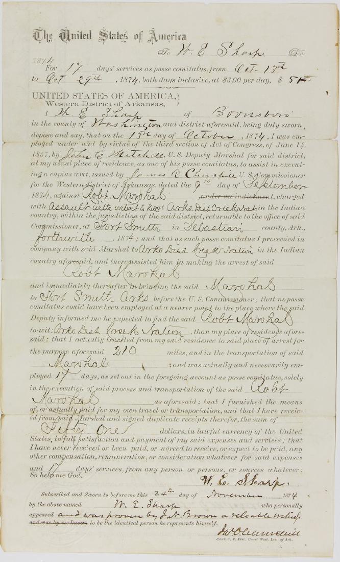 JAMES F. FAGAN: JAMES F. FAGAN (1828 - 1893) Confederate major general at Shiloh and Prairie Grove, later was with Sterling Price in his last Missouri raid. Rare D.S. "J.F. Fagan" as U.S. Marshal, 2pp. legal folio, L