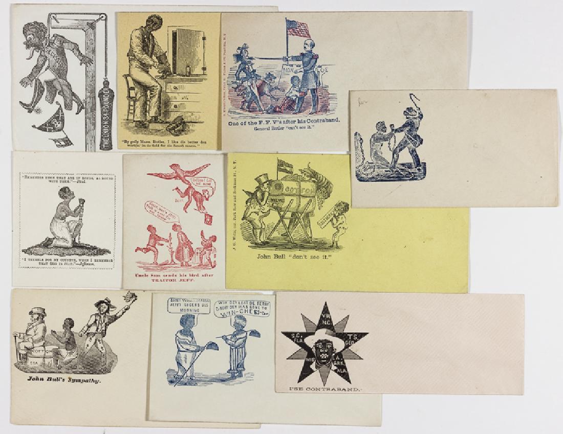 CIVIL WAR SLAVE-RELATED POSTAL COVERS: CIVIL WAR SLAVE-RELATED POSTAL COVERS Lot of ten Civil War illustrated postal covers, all slave-related, show slaves being whipped, in chains praying for freedom, celebrating Gen. Benjamin Butler, etc