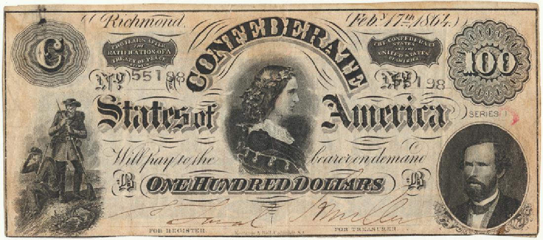 CONFEDERATE $100 BANK NOTE: CONFEDERATE $100 BANK NOTE C.S.A. $100 bank note, issued in Richmond Feb. 17, 1864, serial no. 55198. Very good, soiled on verso which is also signed "J. Stuart".