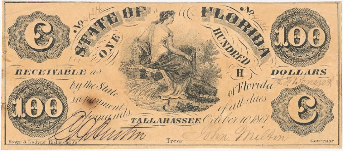 FLORIDA C.S.A. $100 BILL: FLORIDA C.S.A. $100 BILL Florida Confederate $100 bill, "C" series, issued 1861. A couple of toned spots, else fine condition.