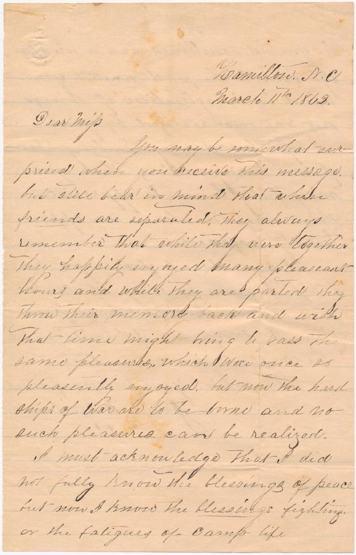 34TH NORTH CAROLINA SOLDIER, WIA AT GETTYSBURG, WRITES: 34TH NORTH CAROLINA SOLDIER, WIA AT GETTYSBURG, WRITES HIS LOVER Touching letter written by Pvt. James I. Freeland of the 34th N.C. Infantry (WIA three times, including Fredericksburg and Gettysburg, 