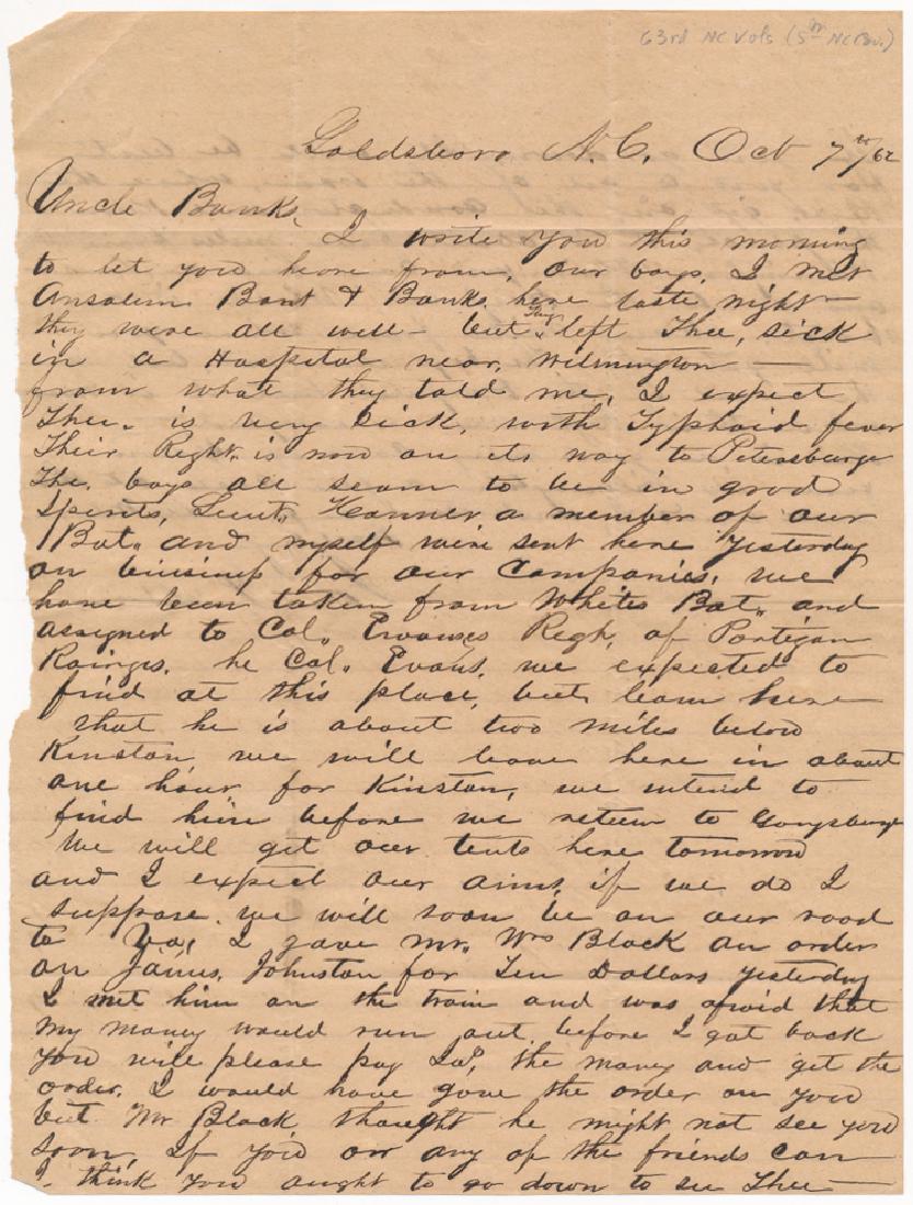 5TH N.C. CAVALRY EXPANDS: 5TH N.C. CAVALRY EXPANDS War-date A.L.S. of John P. Alderson of 63rd NC Vols (5th NC Cavalry), 2pp. 4to., Goldsboro, Oct. 7, 1862 to his uncle. In part: "...we have been taken from White's Bat. and as