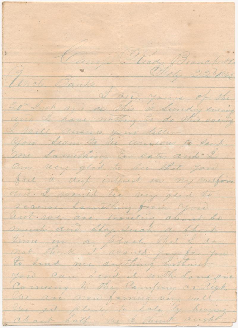 5TH N.C. CAVALRY FEASTS ON BEAR MEAT: 5TH N.C. CAVALRY FEASTS ON BEAR MEAT War-date A.L.S. of John P. Alderson of 63rd NC Vols (5th NC Cavalry), 4pp. 8vo., "Camp Ready", Branch, NC, July 22, 1863 to his uncle. In part: "...I have been act