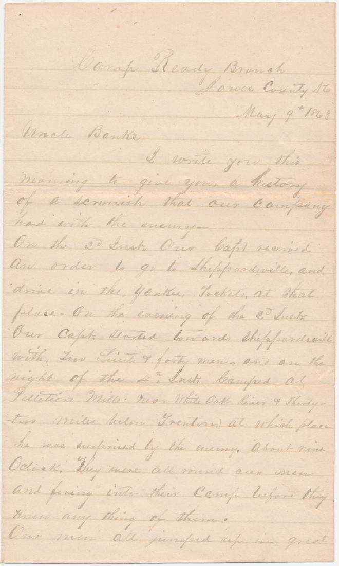 5TH N.C. CAVALRY IS BUSHWHACKED AT SHEPARDSVILLE: 5TH N.C. CAVALRY IS BUSHWHACKED AT SHEPARDSVILLE War-date A.L.S. of John P. Alderson of 63rd NC Vols (5th NC Cavalry), Camp Ready, Branch, NC, 3pp. 8vo., May 9, 1863 to his uncle. In part: "...I write
