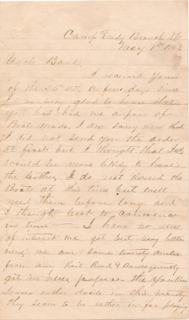 NORTH CAROLINA CAVALRYMAN DOESN'T FEAR "YANKEE SCUM": NORTH CAROLINA CAVALRYMAN DOESN'T FEAR "YANKEE SCUM" War-date A.L.S. of John P. Alderson of the 63rd NC Vols (5th NC Cavalry), 3pp. 8vo., "Camp Ready", Branch, NC, May 1, 1863 to his father. In part: