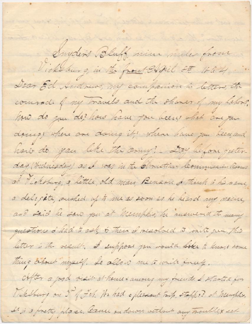 U.S. COLORED TROOPS CHAPLAIN WRITES FROM VICKSBURG: U.S. COLORED TROOPS CHAPLAIN WRITES FROM VICKSBURG Excellent, highly descriptive A.L.S., 6pp. 4to. "Snyder's Bluff, nine miles from Vicksburg, in the front", April 8, 1864, from CHARLES WALDRON BUCKLE