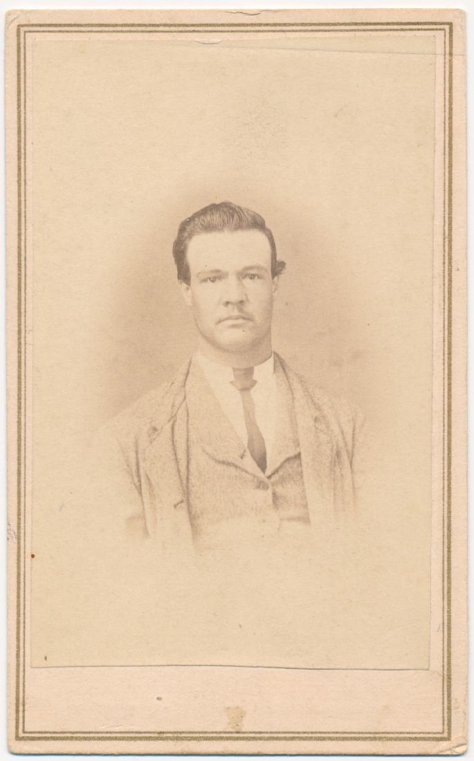 "LAUREL BRIGADE" CONFEDERATE SOLDIER, P.O.W.: "LAUREL BRIGADE" CONFEDERATE SOLDIER, P.O.W. Carte de visite photograph, an image of Pvt. James Athey, Co. D, 12th Va. Cavalry, showing him in a chest, up pose. Athey was captured Sep. 7, 1862 at Mart