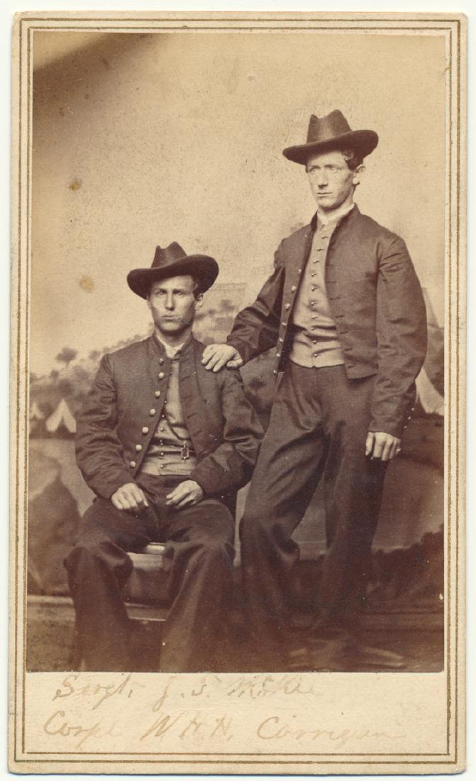 6TH U.S. CAVALRYMEN: 6TH U.S. CAVALRYMEN Carte de visite photograph of two cavalrymen identified as being Col. WILLIAM H. CARRIGAN and Comm. Sgt. J. F. MCKEE of the 6th U.S. Cavalry. No backstamp, very good.