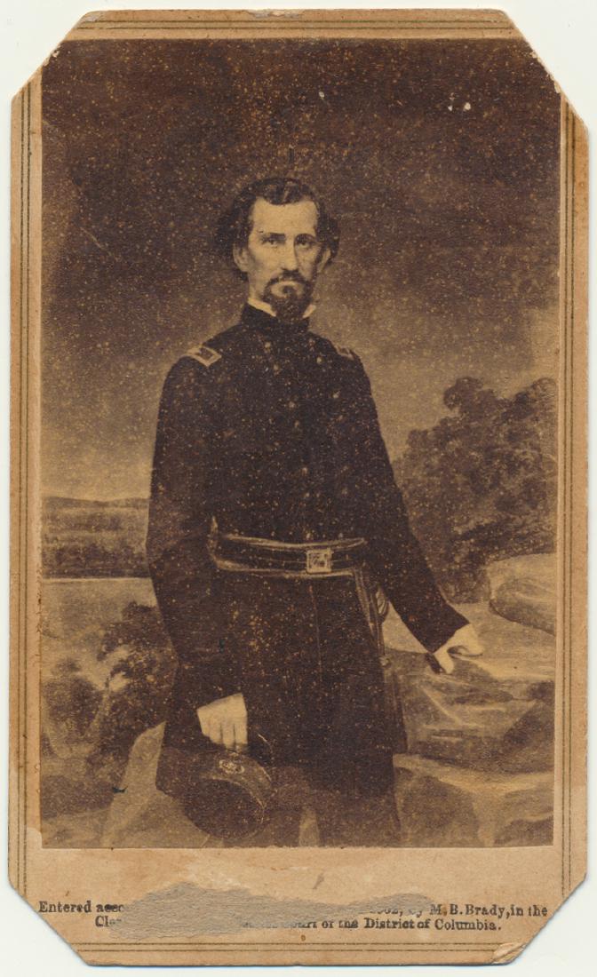 FELIX ZOLLICOFFER: FELIX ZOLLICOFFER Carte de visite photograph of the Confederate general showing him in a standing pose in uniform, backstamp by Anthony, New York. Corners clipped, bottom abraded, good.