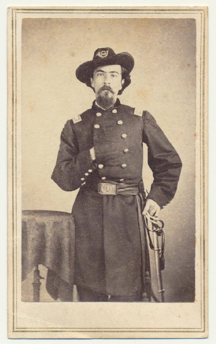JAMES SMITH 128TH NEW YORK INFANTRY: JAMES SMITH 128TH NEW YORK INFANTRY (1838-1869) Brevet brigadier general, colonel of the 128th NY Infantry. Carte de visite photograph, a three-quarter standing image in full uniform, possibly signed: