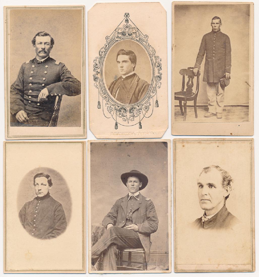 UNION SOLDIER CARTES DE VISITE (6): UNION SOLDIER CARTES DE VISITE (6) Group of six cartes de visite of Union officers and soldiers, includes: Lt. John B. Currier, 32nd Maine, bust in civilian garb signed on verso, Phila. Back mark; off