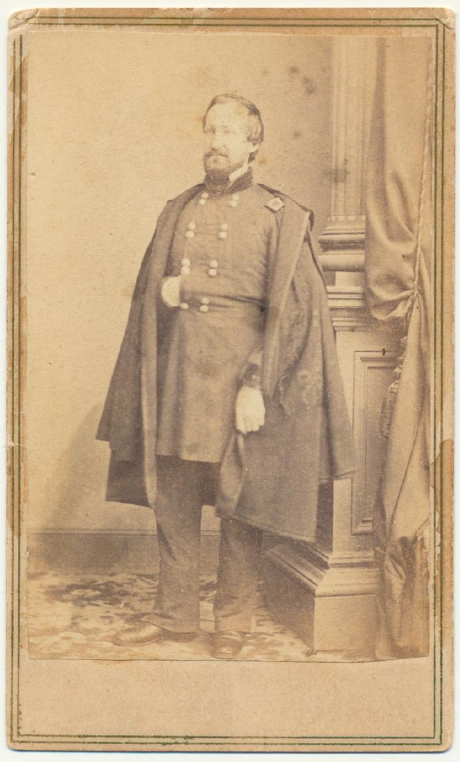 WILLIAM H. ROSECRANS: WILLIAM H. ROSECRANS Carte de visite photograph of the Union general showing him full length in uniform with a cape, backstamp by Anthony, New York. Very good.