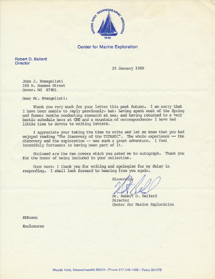 (TITANIC): (TITANIC) Lot of three Titanic-related items, includes: ROBERT BALLARD T.L.S. on Woods Hole Center for Marine Exploration l;etterhead, 1p. 4to., Jan. 20, 1989, calling his discovery of the Titanic a "