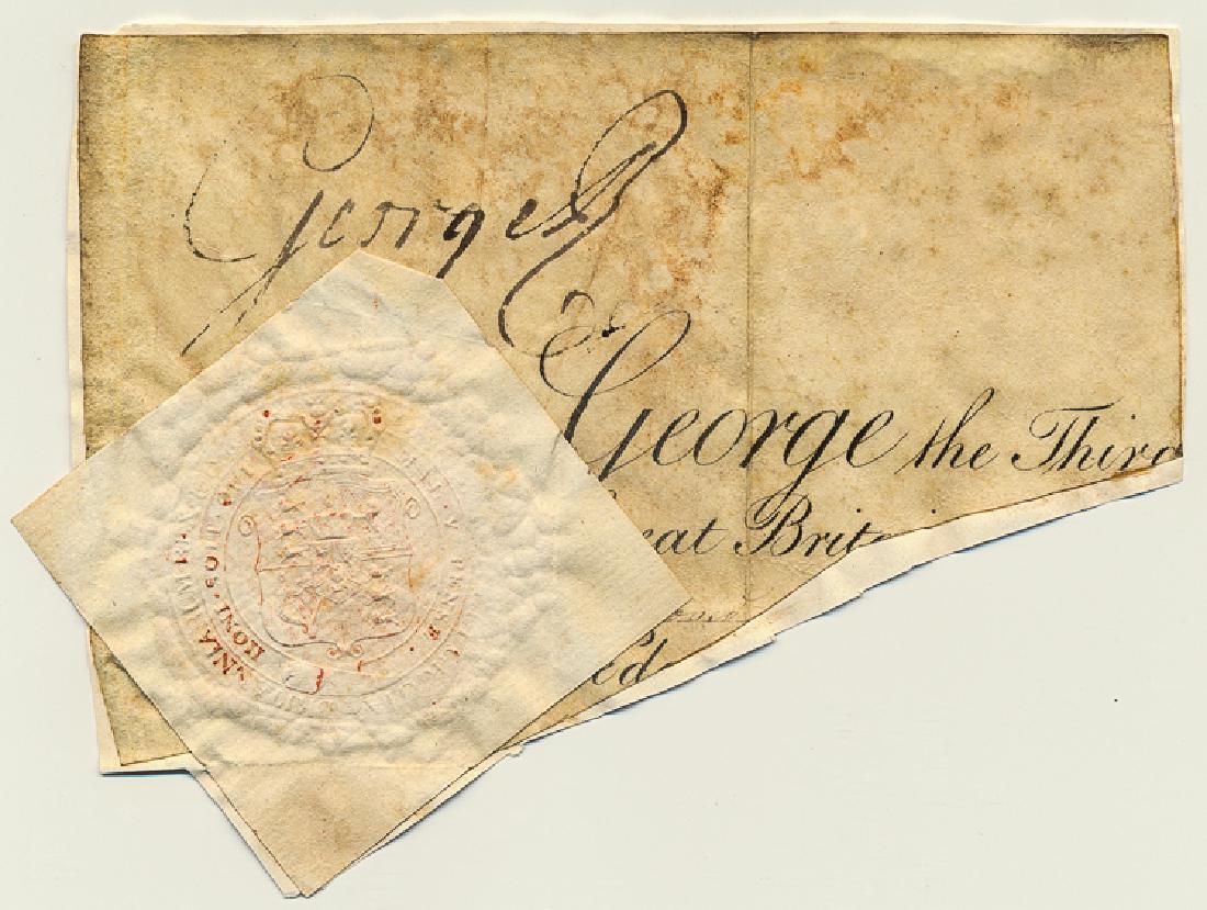 GEORGE III OF ENGLAND: GEORGE III OF ENGLAND (1738-1820) King of Great Britain and Ireland from 1760 until his death in 1820. Signature cut from a document with seal affixed, measuring approximately 6" x 4". Mounted onto a 