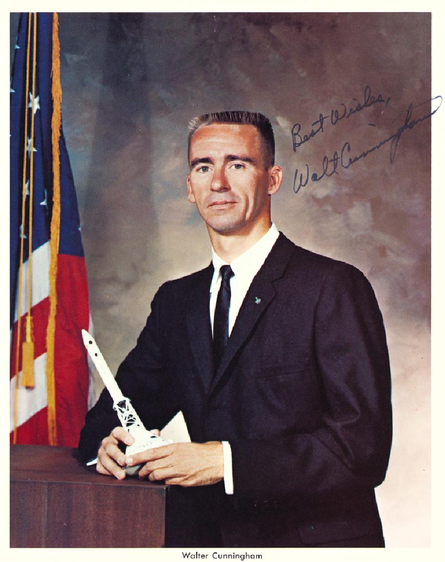 WALTER CUNNINGHAM: WALTER CUNNINGHAM (b. 1932) American astronaut who participated in the flight of Apollo 7. Great early S.P., a 10" x 8" b/w, an official NASA photo bearing a vintage signature. Fine.