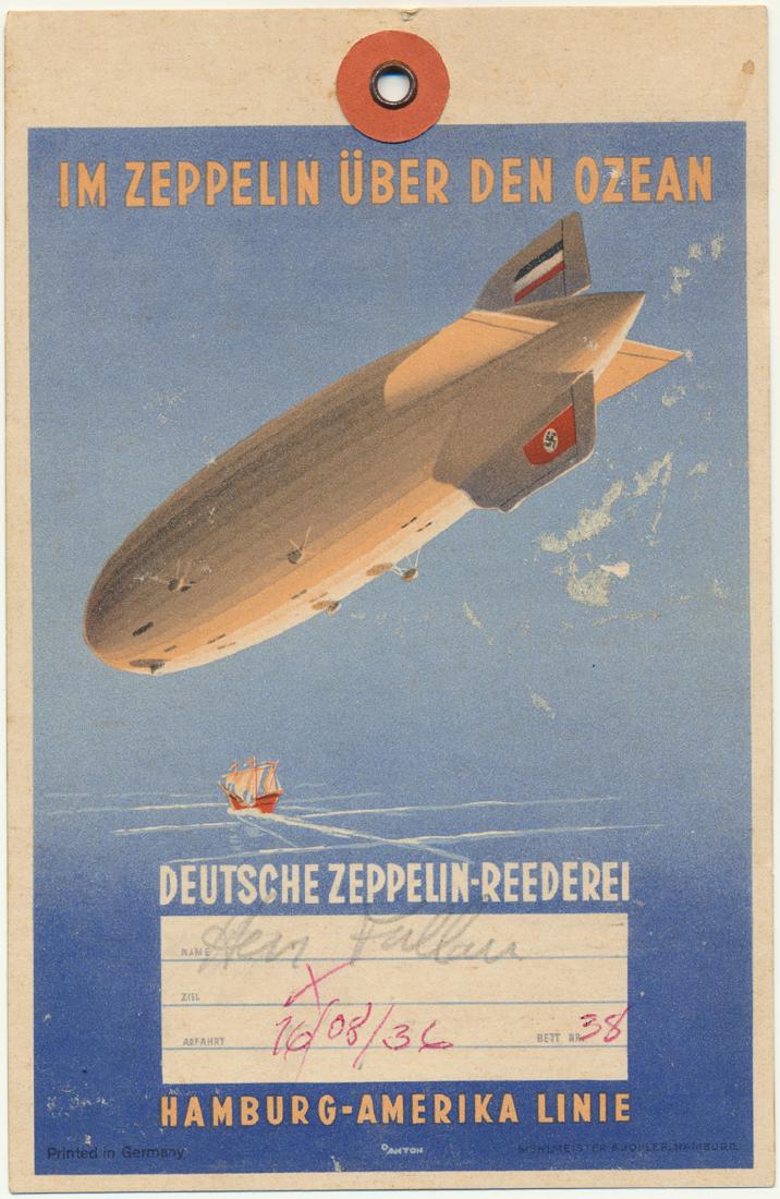 ZEPPELIN BAGGAGE TAG AND POSTCARDS: ZEPPELIN BAGGAGE TAG AND POSTCARDS A good lot including: a 4" x 6 1/2" zeppelin luggage tag picturing a zeppelin in flight, the tag made out for a Aug. 16, 1936 flight, along with five zeppelin postca