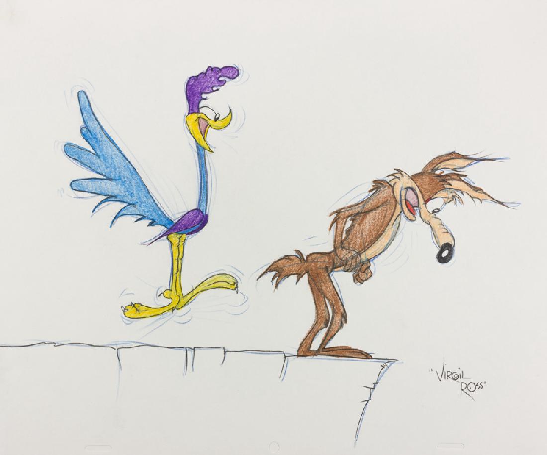 VIRGIL ROSS: VIRGIL ROSS (1907-1996) American cartoonist and animator, best known for his work on the Warner Bros. animated shorts. Signed colored pencil sketch, 12 ½" x 10", depicting Warner Bros. characters Wil
