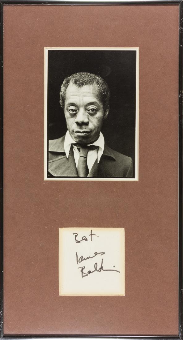 JAMES BALDWIN: JAMES BALDWIN (1924-1987) African-American novelist and essayist, best known for the novel "Go Tell it On the Mountain". Signature on a 3" x 3" (sight) card in black ink, matted with a b/w chest up ph