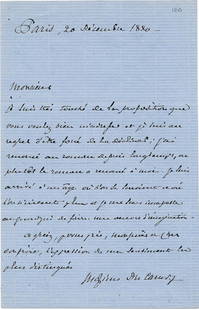 MAXIME DU CAMP: MAXIME DU CAMP (1822-1894) French writer and photographer, whose travel books were among the first to be illustrated with photographs. A rather poignant A.L.S., in French, 1p 8vo., Paris, Dec. 20, 188