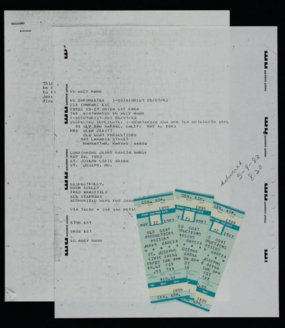 JERRY GARCIA BAND UNUSED TICKETS & CONCERT RIDER, 1983: JERRY GARCIA BAND UNUSED TICKETS & CONCERT RIDER, 1983 (4) Accompanying the copy of a 12-page concert contract rider are three unused tickets for an appearance at the Civic Arena in St. Joseph, MO. on
