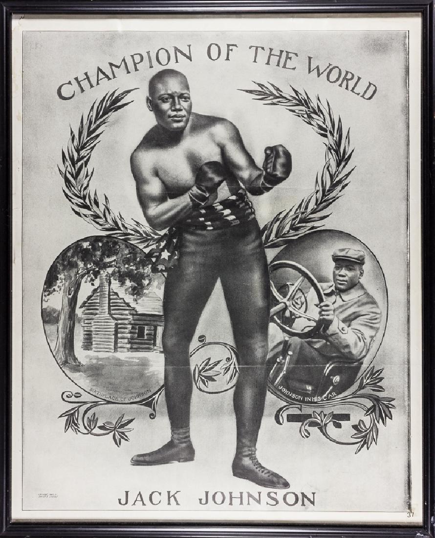 JACK JOHNSON BOXING POSTER: JACK JOHNSON BOXING POSTER Large monochrome lithograph poster, 15 3/4" x 19 3/4", a full-body depiction of world champion heavyweight boxer JACK JOHNSON (1878-1946), shirtless and in a fighter's stanc