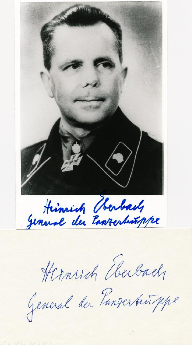 HEINRICH EBERBACH: HEINRICH EBERBACH (1895-1992) General of the Armored Corps, recipient of the Knight's Cross. Served in Russia, at Normandy and in the Falaise pocket. Good pair of signed items, includes: S.P., 4" x 6"