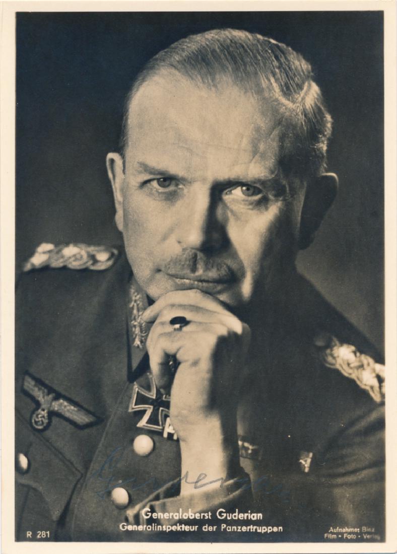 HEINZ GUDERIAN: HEINZ GUDERIAN (d. 1953) German general and Hitler's Army Chief of Staff, the inventor of the "blitzkrieg" who commanded panzers in the Poland and France, and the Russian campaign. S.P. 4" x 5 3/4" b/