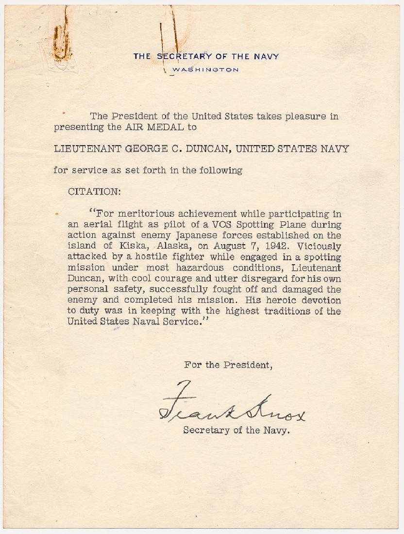 SECRARIES OF THE NAVY: SECRARIES OF THE NAVY Lot of two items signed by Secretaries of the Navy, the first from FRANK KNOX, D.S., 1p. 4to., Washington {N.D.], a citation issued to a Navy recon pilot who fought off a Japanes