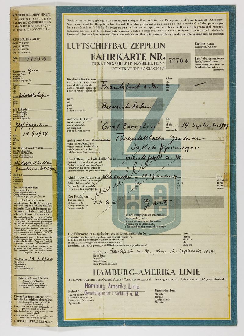 NSDAP GAULEITER'S ZEPPELIN TICKET: NSDAP GAULEITER'S ZEPPELIN TICKET An uncommon Third Reich relic, a ticket issued by the Hamburg-America shipping line, 7 3/4" x 13 3/4", to NSDAP Gauleiter JAKOB SPRENGER (1884-1945) of Hesse-Nassau f