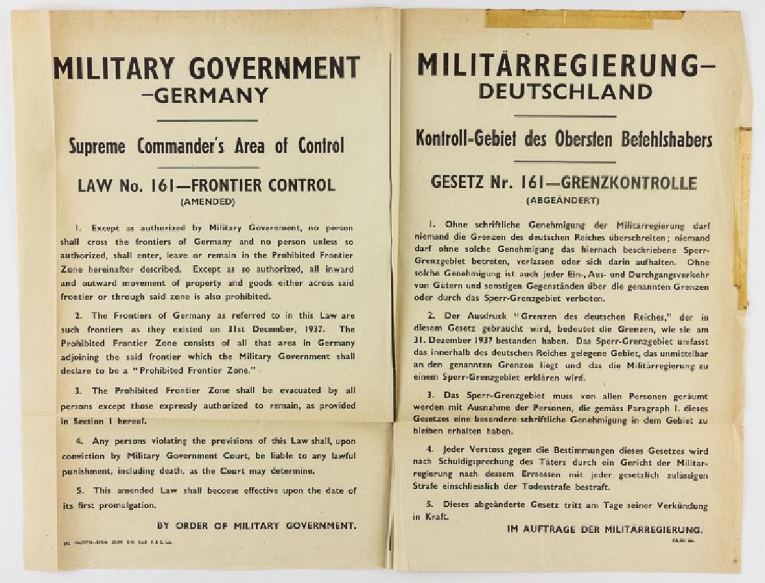 ALLIED OCCUPATION OF GERMANY FRONTIER CONTROL BROADSIDE: ALLIED OCCUPATION OF GERMANY FRONTIER CONTROL BROADSIDE Bilingual broadside in both English and German, 19" x 15", published by the Allied Military Government in Germany for display in the "Supreme Co