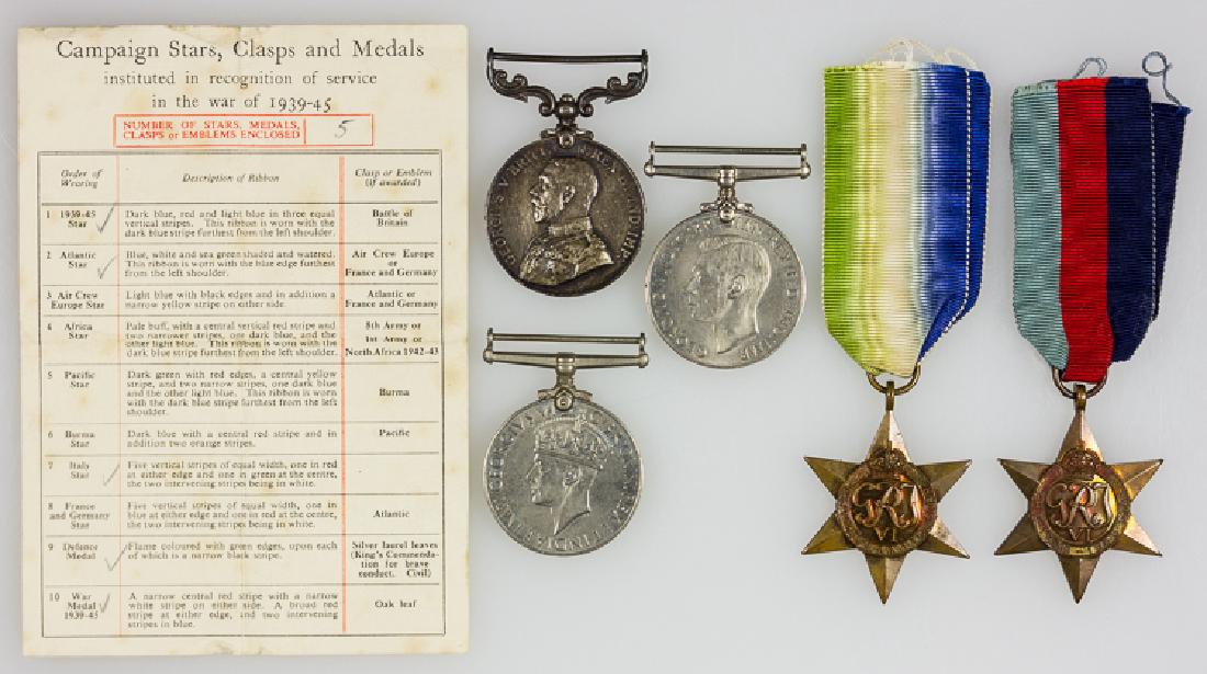 BRITISH WORLD WAR II SEVICE MEDALS, IDENTIFIED: BRITISH WORLD WAR II SEVICE MEDALS, IDENTIFIED Lot of five medals awarded to one "R. PARKER 23/F.A.R.A.M.C." includes: George V "For Bravery in the Field" named to Parker (apparently in an ambulance c