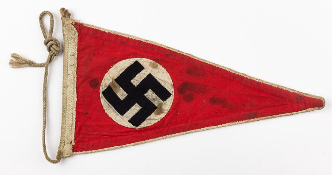 N.S.D.A.P. BANNER AND PENNANT: N.S.D.A.P. BANNER AND PENNANT Lot of two pieces, includes: small triangular NSDAP pennant, 12" x 6 1/4", three -piece quality construction with the design visible on both sides and piped at edges, soi