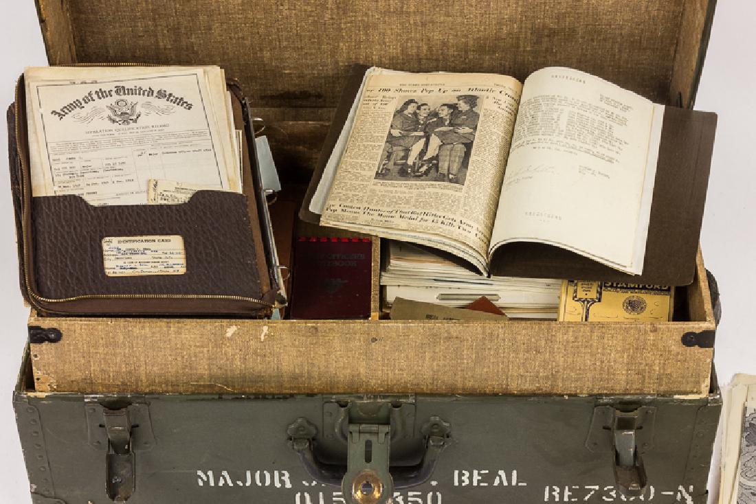 FOOTLOCKER, JOURNALS AND UNIFORM ARTICLES OF JAMES BEAL: FOOTLOCKER, DOCUMENTS, JOURNALS AND UNIFORM ARTICLES OF MAJ. JAMES C. BEAL, U.S.A.A.C. Large grouping of material from Major James C. Beal, an ordnance officer attached to the 8th Air Force and tasked