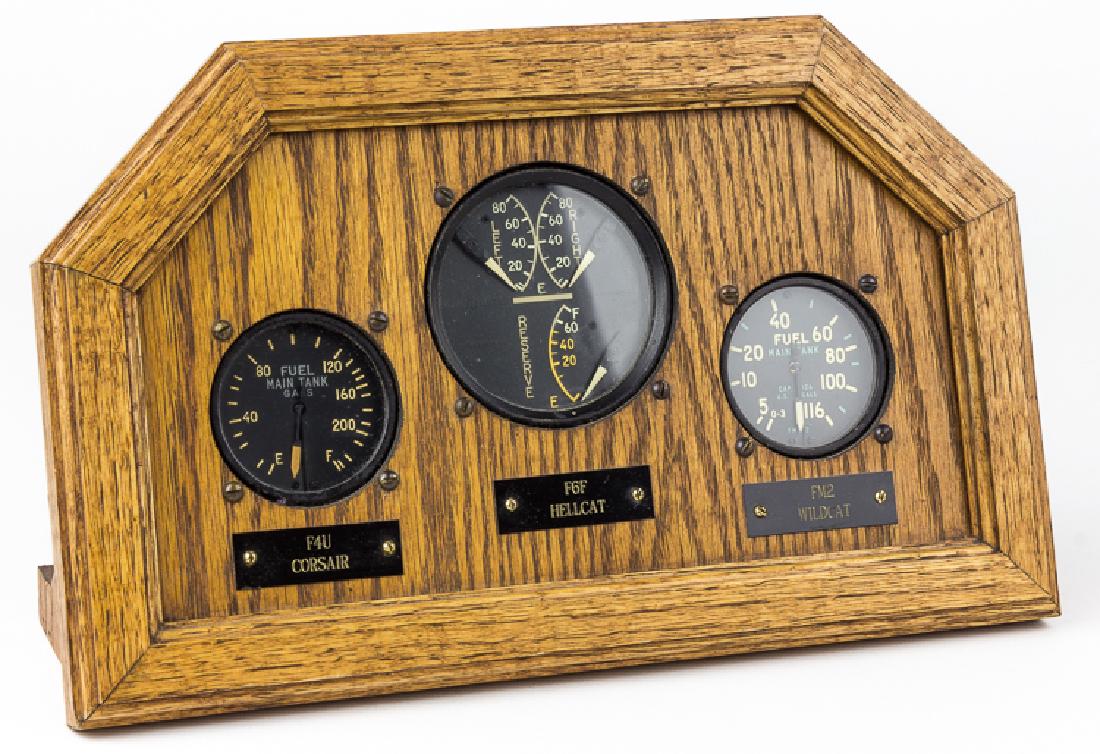 U.S. NAVY FIGHTER AIRCRAFT FUEL GAUGES: U.S. NAVY FIGHTER AIRCRAFT FUEL GAUGES Good group of three fuel gauges taken from World War II fighter aircraft used by the U.S. Navy, all mounted together in an attractive wooden display. The collect