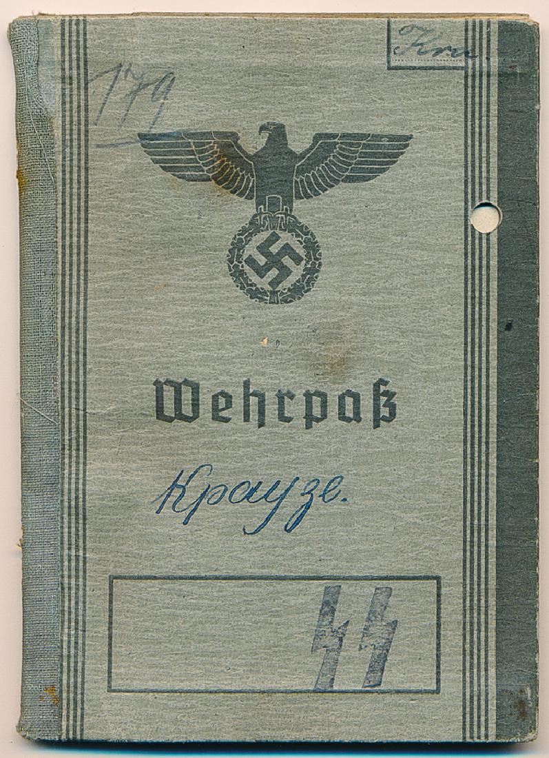 SACHSENHAUSEN CONCENTRATION CAMP GUARD'S WEHRPASS: SACHSENHAUSEN CONCENTRATION CAMP GUARD'S WEHRPASS Rare original identification book, 54pp. 12mo., a "wEHrpass" ("military pass") book, belonging to SS-Rottenfuhrer Gustav Krause, issued to him Aug. 15