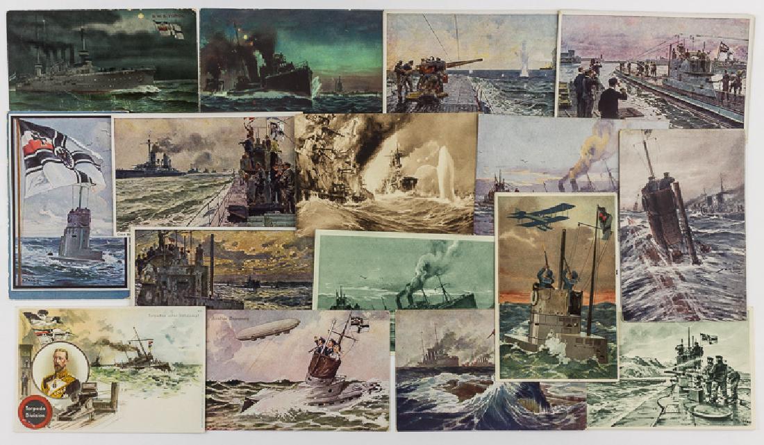 WORLD WAR I GERMAN NAVAL POST CARDS: WORLD WAR I GERMAN NAVAL POST CARDS Good group of seventeen color and monochrome postcards, each approx. 3 1/2" x 5 1/2", All depicting various scenes of German naval activity during World War I, with