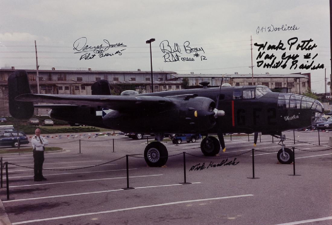 JAMES H. DOOLITTLE AND "DOOLITTLE RAIDERS": JAMES H. DOOLITTLE AND "DOOLITTLE RAIDERS" (1896-1993) American aviator who gained fame both as a racing pilot and as leader of the first air raid on Tokyo during World War II. S.P., 14" x 9 1/2" colo