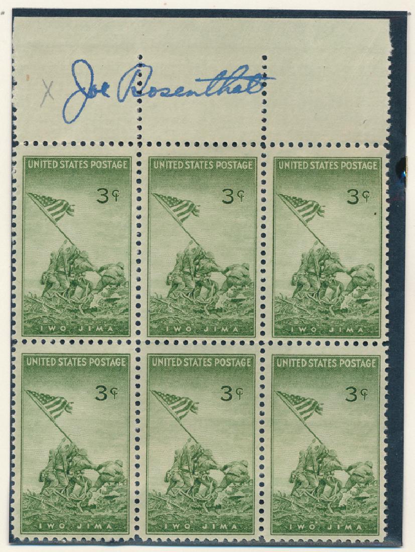 JOE ROSENTHAL: JOE ROSENTHAL American press photographer who covered the Pacific during World War II, took the famous photograph of Marines hoisting the flag on Iwo Jima. Plate block of six U,S. three cent stamps sh