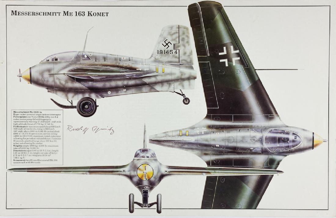 GERMAN JET PILOTS: GERMAN JET PILOTS Good pair of signed illustrations, includes: signed print, 17 1/4" x 11 1/4", a three-view illustration of a Messerschmitt Me 262 "Schwalbe" jet fighter, signed in blue ink by Luftwa