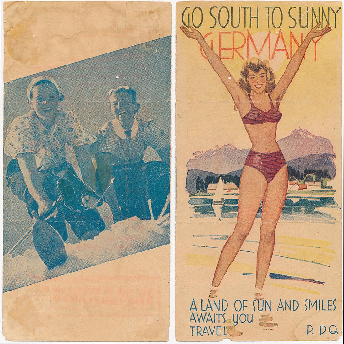 GERMAN PROPAGANDA "TRAVEL BROCHURES": GERMAN PROPAGANDA "TRAVEL BROCHURES" Pair of propaganda flyers dropped on American soldiers assaulting Germany. Each is 4" x 8" and similar in appearance but with different themes. One shows German gi