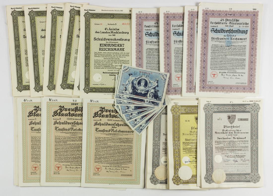 GERMAN WAR-ERA BOND: GERMAN WAR-ERA BOND Good lot of approx. 200 printed German bonds, in four roughly equal lots of fifty each. Includes: 1937 Prussian 1,000 Reichsmark bonds, 1940 Prussiab 4% 500 Reichsmark bonds; 1944 