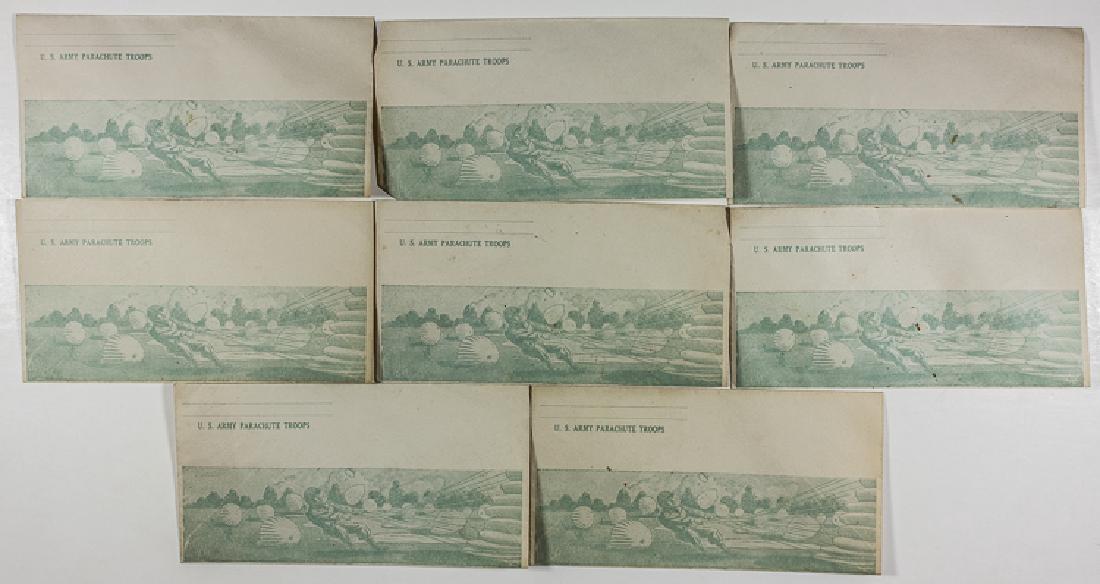 U.S. ARMY PARACHUTE TROOPS ENVELOPES: U.S. ARMY PARACHUTE TROOPS ENVELOPES Good lot of eight 7" x 4". "U.S. Army Parachute Troops" envelopes, each bearing an image of U.S. Paratroopers preparing to land and gather their parachutes. Very g