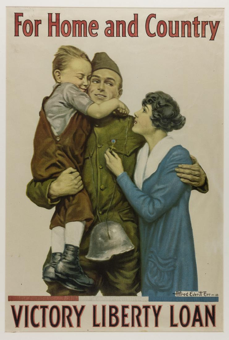 "FOR HOME AND COUNTRY" PROPAGANDA POSTER: "FOR HOME AND COUNTRY" PROPAGANDA POSTER American World War I propaganda poster, 19 1/2" x 28 3/4" (sight), entitled "For Home and Country", and illustrated with an image of a smiling soldier with wif