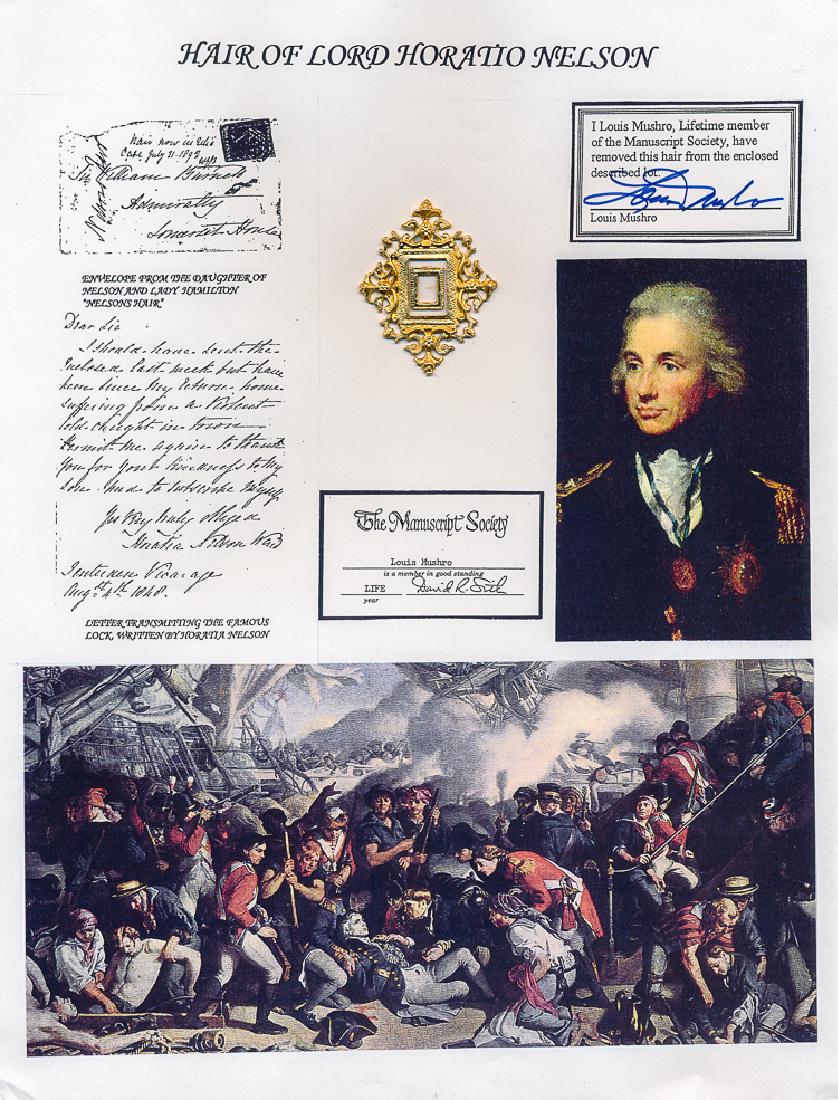 HORATION NELSON'S HAIR: HORATION NELSON'S HAIR Tiny fragment of Lord Horation Nelson's hair, about 1/8" long in a gold plastic display affixed to a color copy of the original letter of provenance from daughter Horatia Nelson